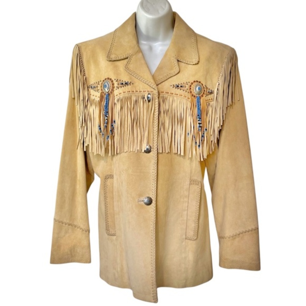 Cripple Creek Womens Large Suede Fringe Beaded Western Jacket Tan